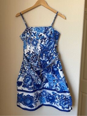 Joie Blue & White Floral Mini Dress Size 10 | Spaghetti Strap Belted Summer